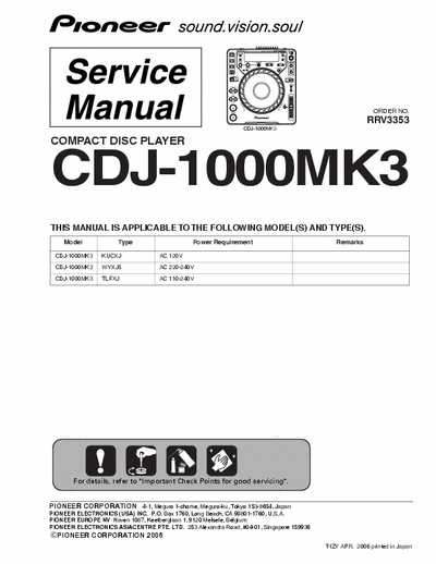 Pioneer CDJ 1000 MK3 PIONEER CDJ 1000 MK3 SERVICE MANUAL