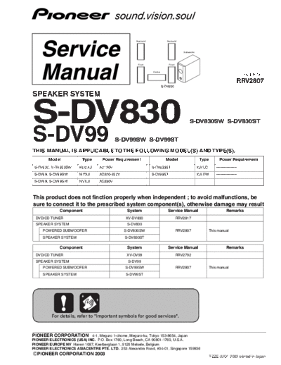 PIONEER S-DV830/SW/ST Pioneer Speaker System Service Manual ARP3174

S-DV830, S-DV830SW(KUCXJI), S-DV99, S-DV99SW(MYXJI), S-DV99, S-DV99SW(NVXJI), S-DV830ST(XJI/UC), S-DV99ST(XJI/EW)