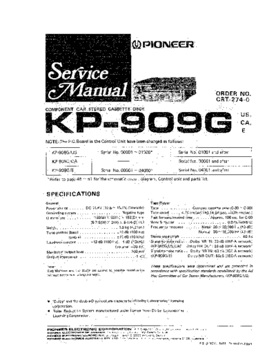 Pioneer KP-909 Pioneer Car Audio Component cassette deck service manual. Model KP909g