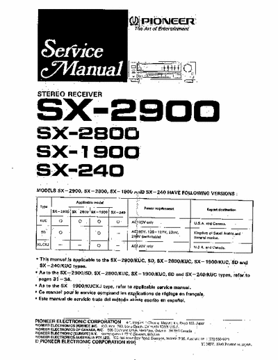 Pioneer SX-2900, SX-2800, SX-1900, SX-240 Pioneer Stereo Receive SX-2900, SX-2800, SX-1900, and SX-240 service manual, 39 pages. Includes schematics, board layouts, parts, and block diagrams. Writen in English, French and Spanish.