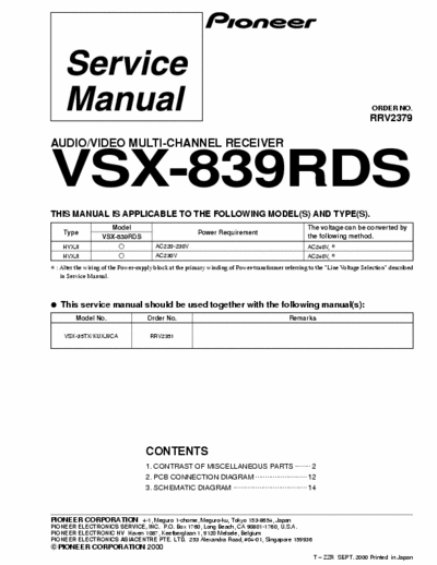 Pioneer VSX839RDS receiver (all files: http://www.eserviceinfo.com/service_manual/datasheets_a_0.html )