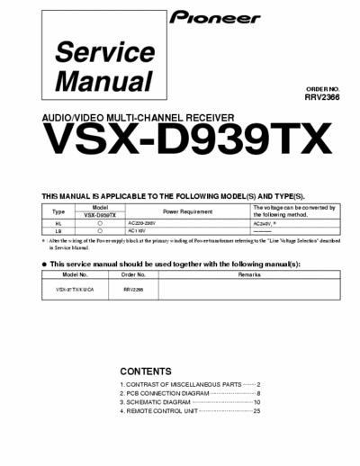 Pioneer VSXD939TX receiver (all files eServiceInfo: http://www.eserviceinfo.com/service_manual/datasheets_a_0.html )