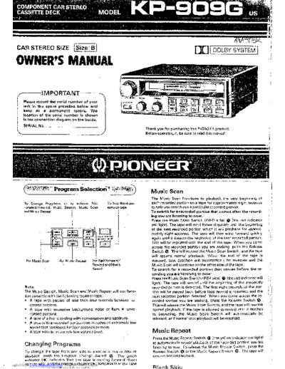 Pioneer KP-909 Pioneer Car Audio Component cassette deck owners manual. Model KP909g