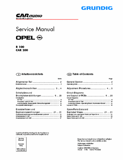 Grundig (Opel) R100 - CAR 200 Service Manual - Car Audio - pag. 14