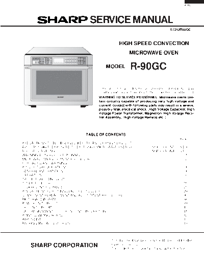 Sharp R-90GC(S) Sharp Service manual for HIGH SPEED CONVECTION MICROWAVE OVEN
Model R90GC or R-90GC or R-90GC(S).
