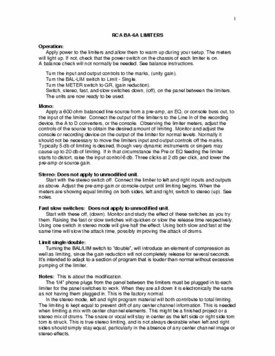 RCA BA-6A Manual with balancing instructions, trouble shootingh, repair and tube replacement issues. Link two for stereo.