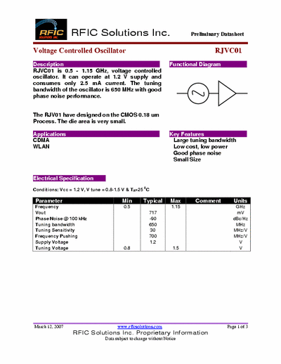 Rficsolutions Inc. RJVC01 is 0.5 - 1.15 GHz, voltage controlled RJVC01 is 0.5 - 1.15 GHz, voltage controlled
oscillator. It can operate at 1.2 V supply and
consumes only 2.5 mA current. The tuning
bandwidth of the oscillator is 650 MHz with good
phase noise performance.