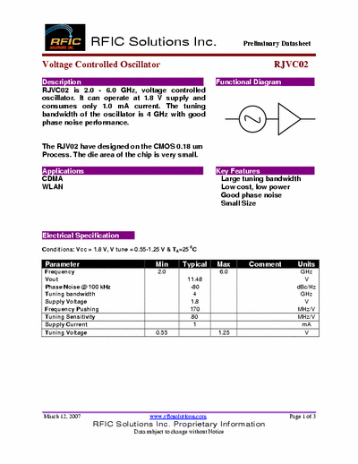 Rficsolutions Inc. RJVC02 is 2.0 - 6.0 GHz, voltage controlled RJVC02 is 2.0 - 6.0 GHz, voltage controlled
oscillator. It can operate at 1.8 V supply and
consumes only 1.0 mA current. The tuning
bandwidth of the oscillator is 4 GHz with good
phase noise performance.