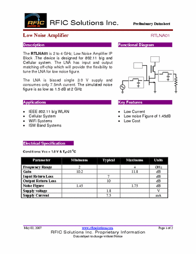 Rficsolutions Inc. RTLNA01 The RTLNA01 is 2 to 4 GHz; Low Noise Amplifier IP
Block .The device is designed for 802.11 b/g and
Cellular system. The LNA has input and output
matching off-chip which will provide the flexibility to
tune the LNA for low noise figure.
The LNA is biased single 3.0 V supply and
consumes only 7.5mA current. The simulated noise
figure is as low as 1.5 dB at 2 GHz