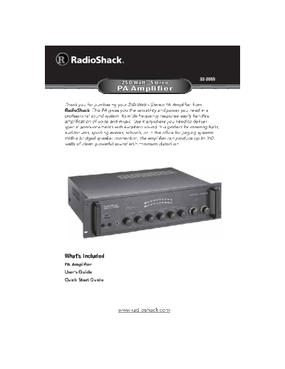 Radio Shack 32-2055 RadioShack 32-2055  250-Watt Stereo PA Amplifier User Manual