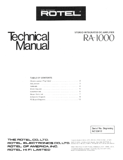 Rotel RA-1000 Rotel RA-1000 Stereo integrated DC amplifier Service Manual