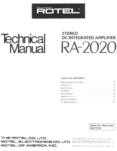 Rotel RA-2020 Rotel RA-2020 Stereo integrated DC amplifier Service Manual