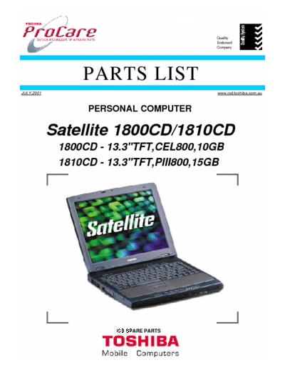 toshiba satellite 1800 Parts breakdown manual for 1800 & 1810