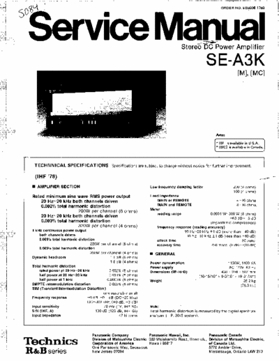 Technics SE-A3 Service Manual Stereo DC Power Amplifier.