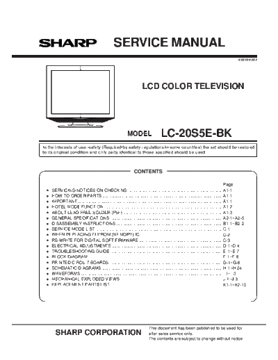 SHARP LC-20S5E-BK Service Manual for the LCD Television Sharp LC-20S5E-BK.