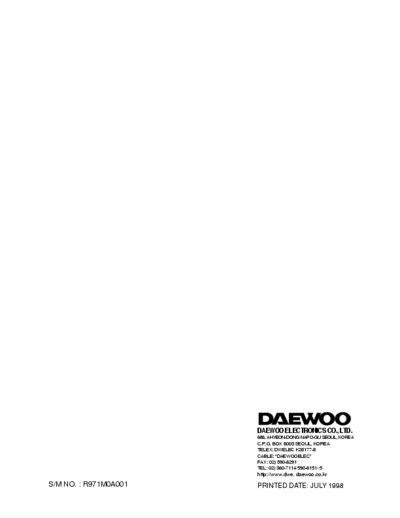 Daewoo KOR-971M0A Service Manual
Microwave Oven
Model: KOR-971M0A
KOR-971Q0A