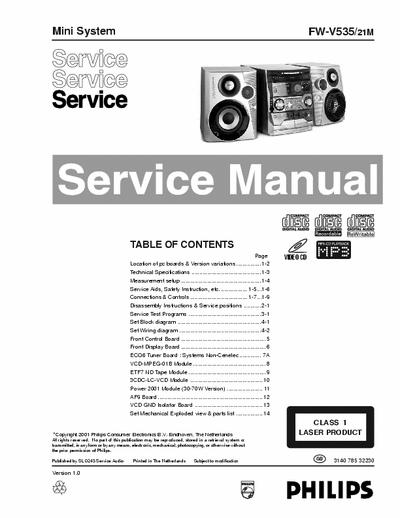 Philips FW-V535 Philips Mini Audio System
Model: FW-V535
Service Manual