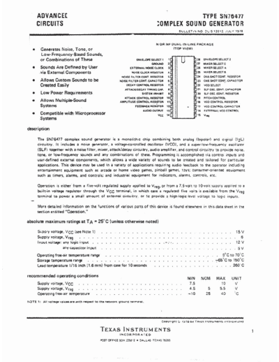 Texas Instruments SN76477 Analog complex sounds generator