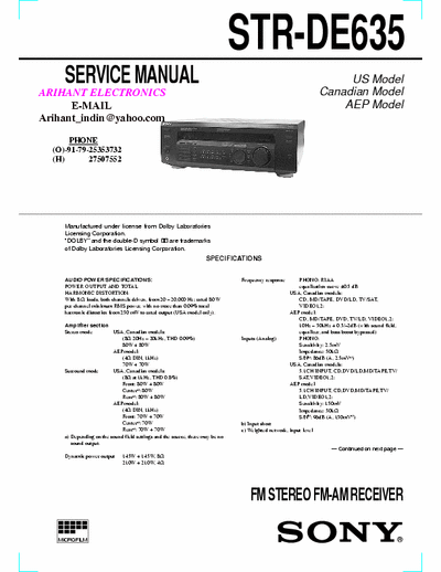 Sony STR-DE635 CONTECT US MORE DETAIL.