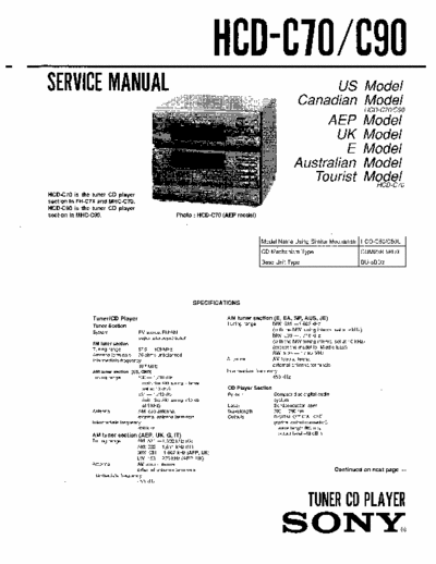 SONY HCD-C70 SONY HCD-C70, C90 
TUNER CD PLAYER.
SERVICE MANUAL 
PART# (9-959-101-11)