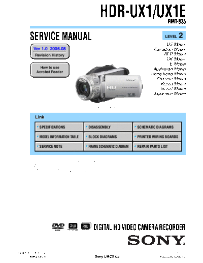 SONY HDR-UX1 SONY HDR-UX1, UX1E
DIGITAL HD VIDEO CAMERA RECORDER. SERVICE MANUAL VERSION 1.0 2006.08
PART#(9-852-145-31)