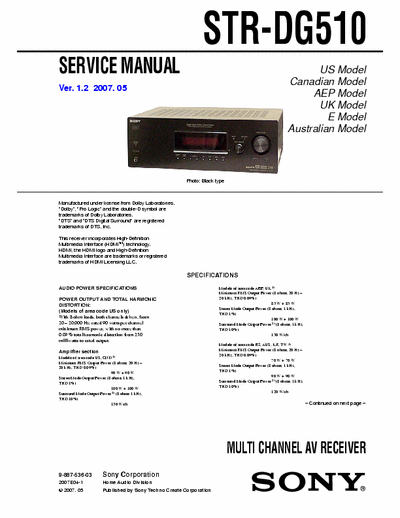 SONY STR-DG510 MULTI CHANNEL AV RECEIVER