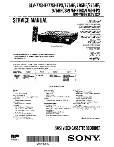 Sony SLV-775HF 776HF 795HF 975HF Service manual for Sony SLV-775HF, SLV-775HFPX, SLV-776HF, SLV-795HF, SLV-975HF, SLV-975HFCS, SLV-975HFMX, SLV-975HFPX