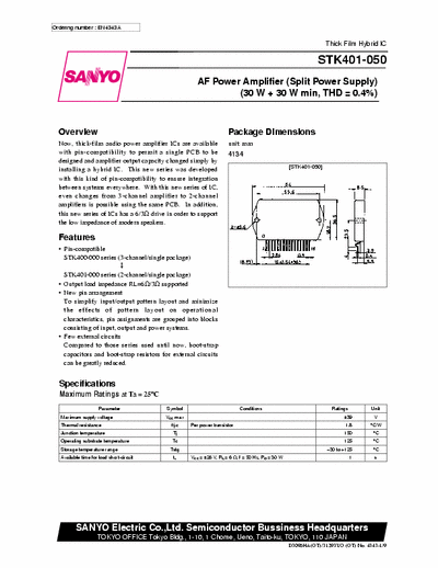 Sanyo STK401-050 AF Power Amplifier (Split Power Supply)
(30 W + 30 W min, THD = 0.4%)