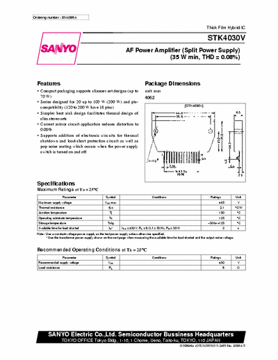 Sanyo STK4030V AF power amplifier (split power supply)