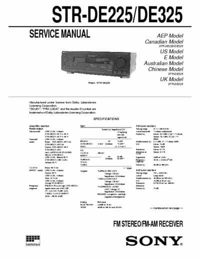 SONY STR-DE225/DE325 FM AM STEREO RECEIVER