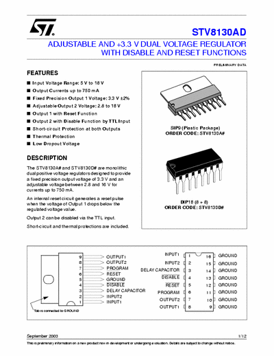 ST Microelectronics  ADJUSTABLE AND +3.3 V DUAL VOLTAGE REGULATOR WITH DISABLE AND RESET FUNCTIONS