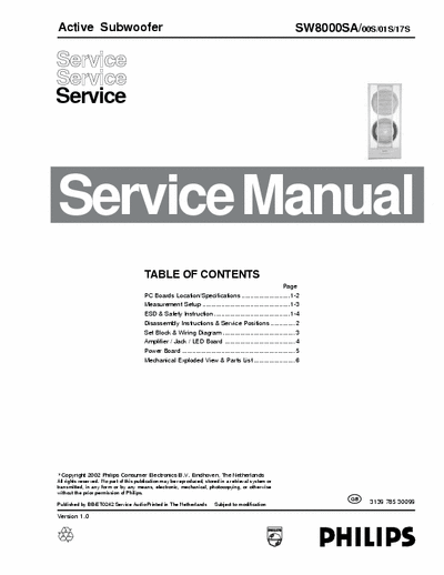 Philips SW8000SA Philips Active Subwoofer
Model: SW8000SA
Service Manual