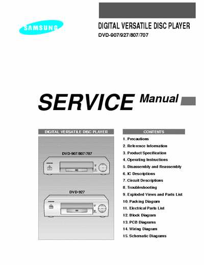 Samsung DVD-907 DIGITAL VERSATILE DISC PLAYER
DVD-907/927/807/707
Service Manual