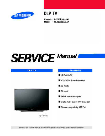 Samsung HLT5076SX/XAA Samsung HLT5076SX-XAA (Chassis L67B(N)_Orchid) (Service Manual)