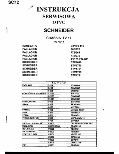 Schneider TV17.1 Hanseatic CTV70-110;
Palladium model 765/220;model 772/065;model 772/070;
Palladium model TV171-70242P
Schneider STV1699;STV1750;STV1751;STV1755;STV1761