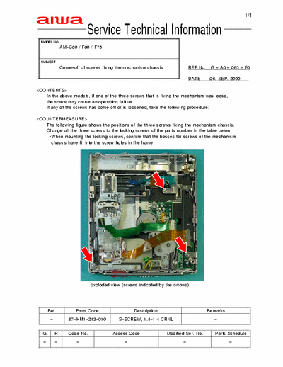 Aiwa AM-C80, F80, F75 Service Technical Information - Guasto: Come-off of screws fixing the mechanism chassis.