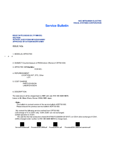 NEC FE750 950 1250 NEC FE750 FE950 FE1250 R556 service bulletin