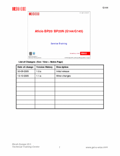 Service Manual BP20 Printer Machine Ricoh Aficio BP20/ BP20N (G144/G145)