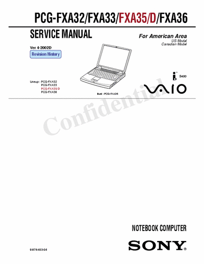 Sony PCGFXA32 Service manual for Sony notebooks PCG-FXA32/FXA33/FXA35/D/FXA36