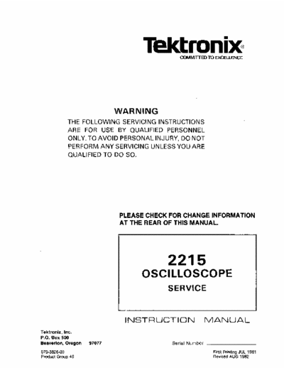 Techtronix 2215 The complete service manual for the Techtronix 2215 60Mhz oscilloscope.