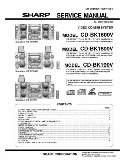 Sharp CD-BK1600V, 1800V, 190V Sharp - System CD-BK1600V, 1800V, 190V - Service Manual
