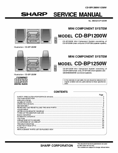 Sharp CD-BP1200W, 1250W Sharp - System CD-BP1200W, 1250W - Service Manual