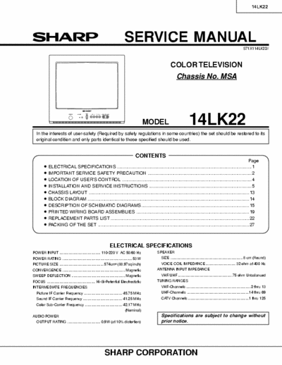 Sharp 14LK22 Service Manual