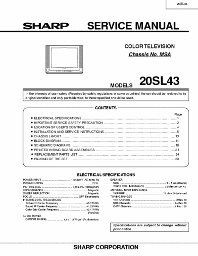 Sharp 20SL43 Service Manual