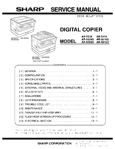 SHARP AR-5520 AR-5520S AR-5520D AR-5516 AR-5516S AR-5516D SHARP Service Manual for AR-5520, AR-5520S, AR-5520D, AR-5516, AR-5516S, AR-5516D Models. CODE : 00ZAR5520/S1E
