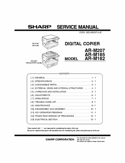 Sharp AR-M162_AR-M165_AR-M207 Sharp AR-M162_AR-M165_AR-M207
Digital Copier service manual