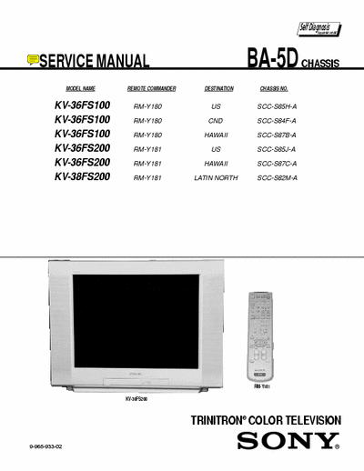 Sony KV-36FS100, KV-36FS200, KV-38FS200 TV. Sony model: KV-36FS100, KV-36FS200, KV-38FS200
Chassis BA-5D