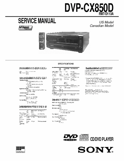 Sony DVP-CX850D DVP-CX850D CD/DVD PLAYER
Remote control: RMT-D113A
Self diagnosis
Service Manual
