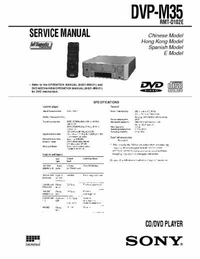 Sony DVP-M35 DVP-M35 CD/DVD PLAYER - Self Diagnosis -
Remote Control: RMT-D102E -
Service Manual
