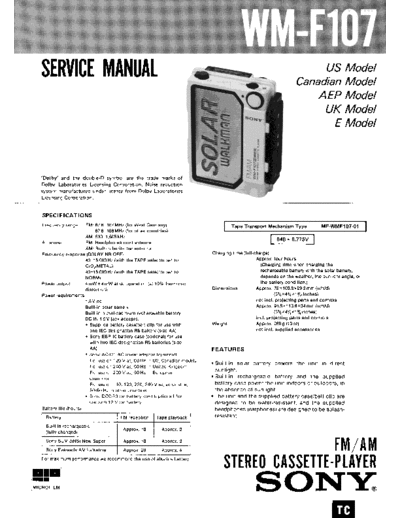 Sony FM AM Stereo cassette-Player WM-F107 service manual